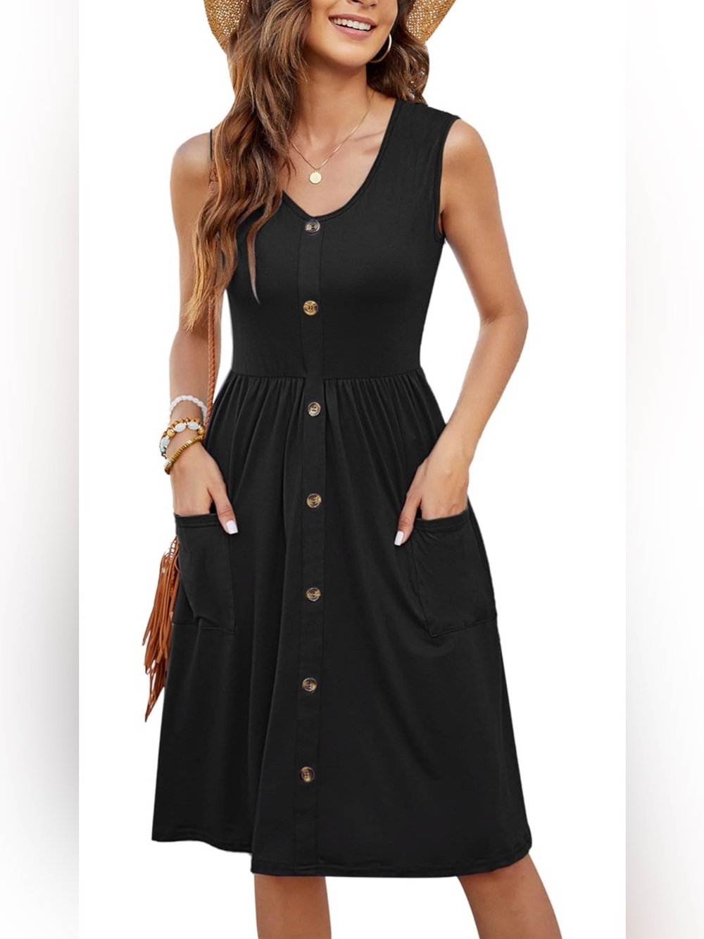 Sleeveless Black Button-Front Pocket Dress